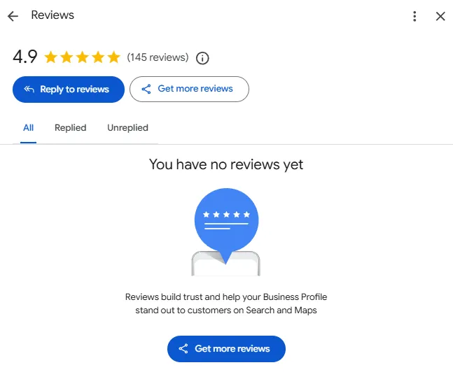 Google Business Profile dashboard showing 4.9 stars and 145 reviews at the top but 'You have no reviews yet' below — the July 2026 empty review dashboard bug