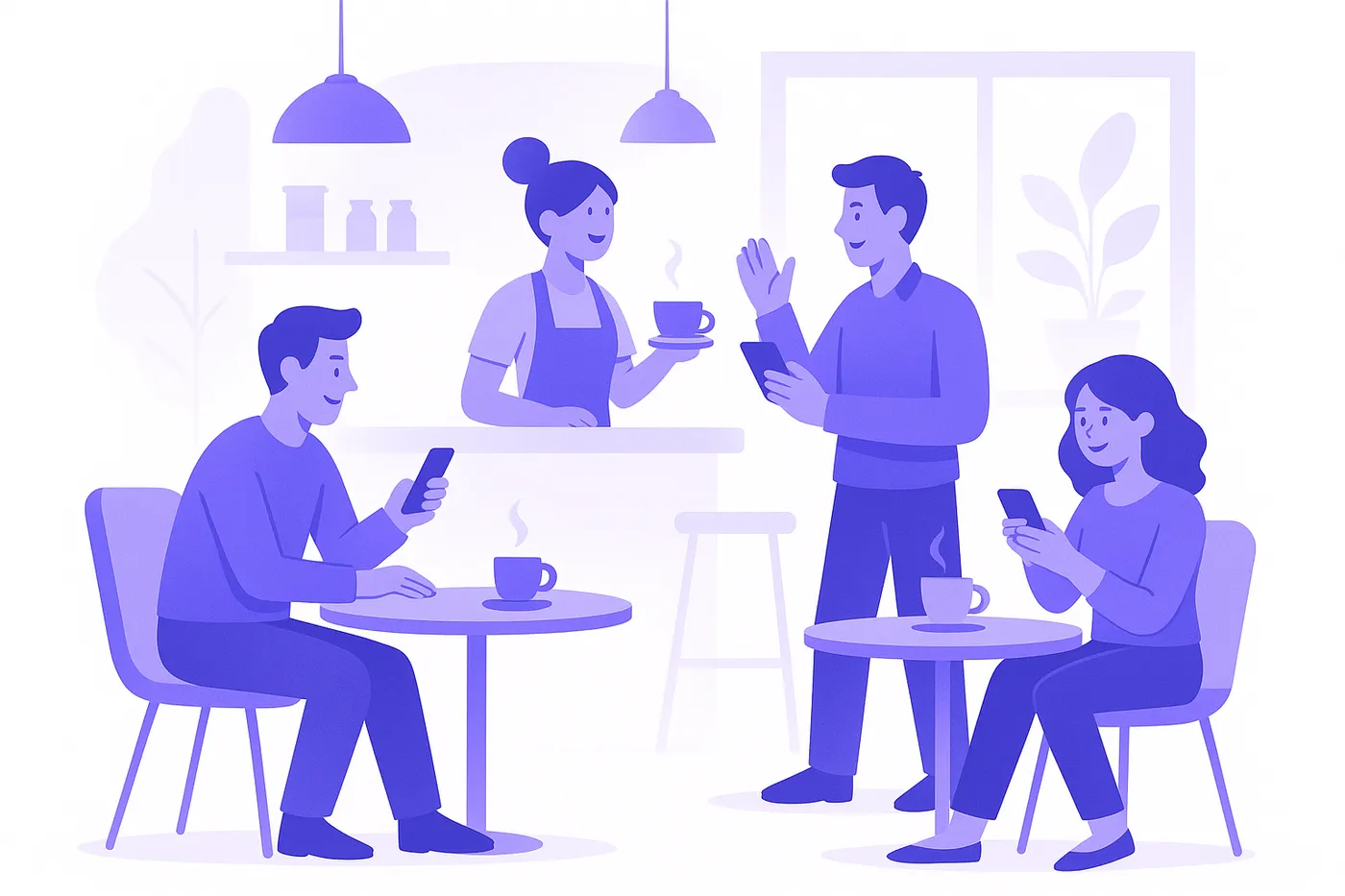 Local cafe with engaged customers using smartphones, representing online reviews.