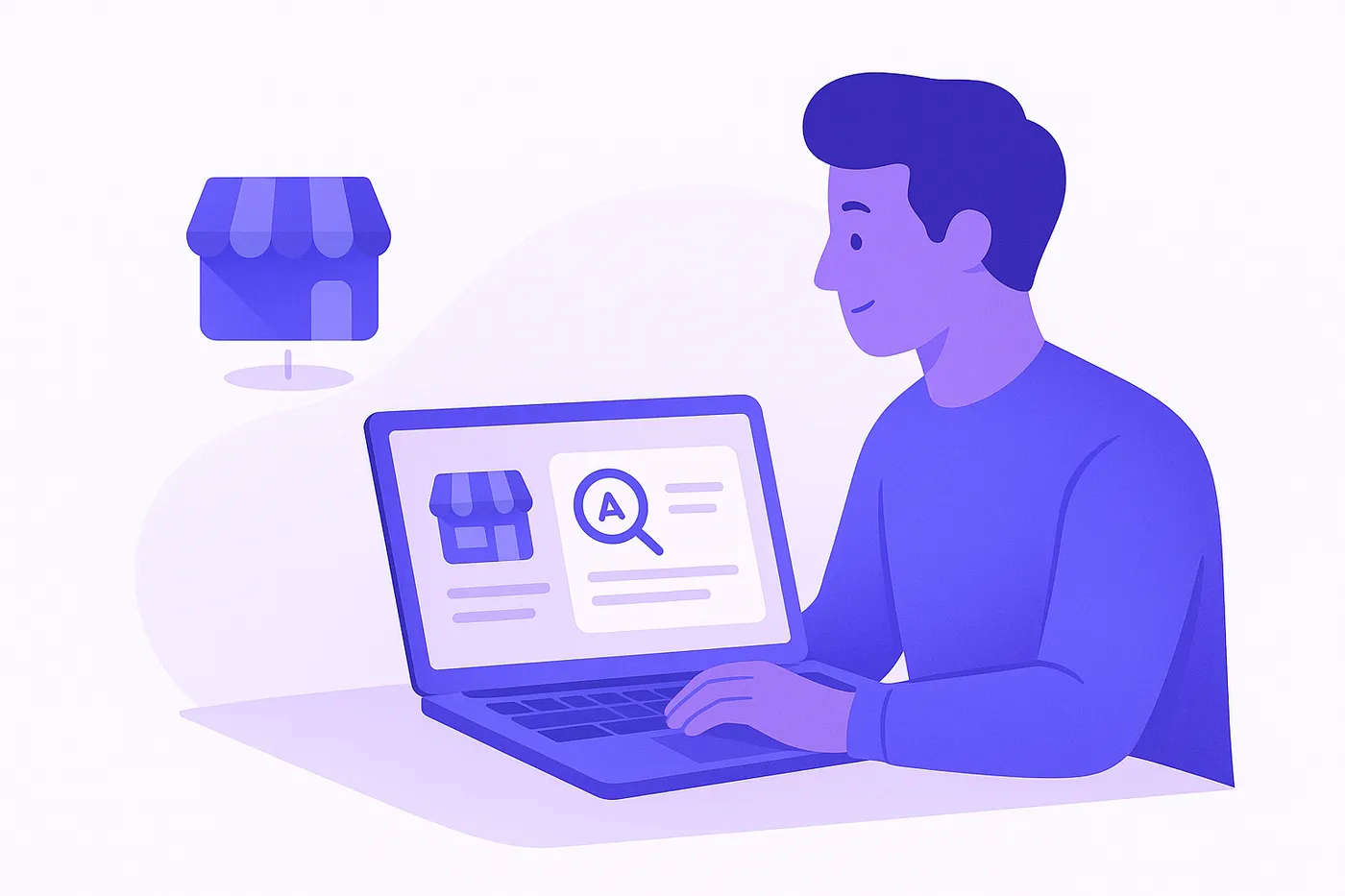 Local business owner optimizing Google Business Profile on a laptop with AI search results shown