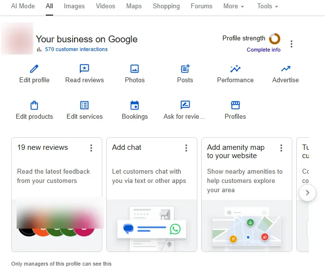 Google Business Profile dashboard showing Edit profile and Read reviews options, business name blurred