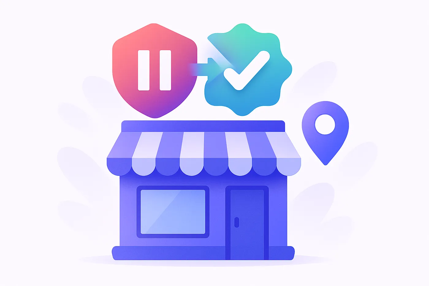 a suspended Google Business Profile storefront being restored, warning shield turning into a green checkmark