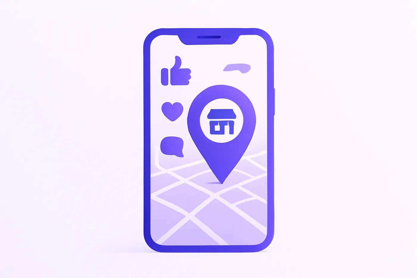 Smartphone with social media icons and map pin for local business visibility