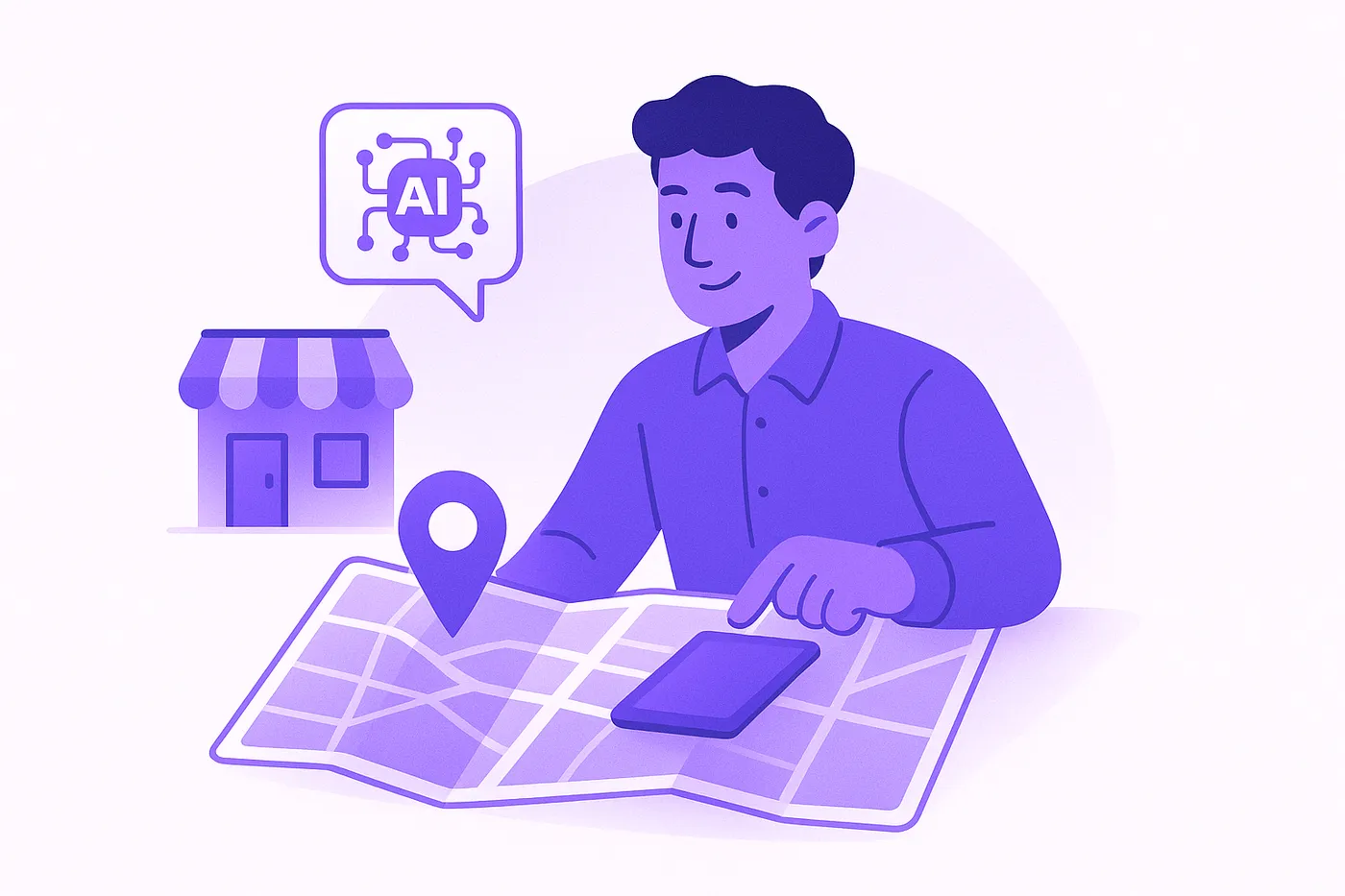 Local business owner using AI tools to optimize visibility on a digital map