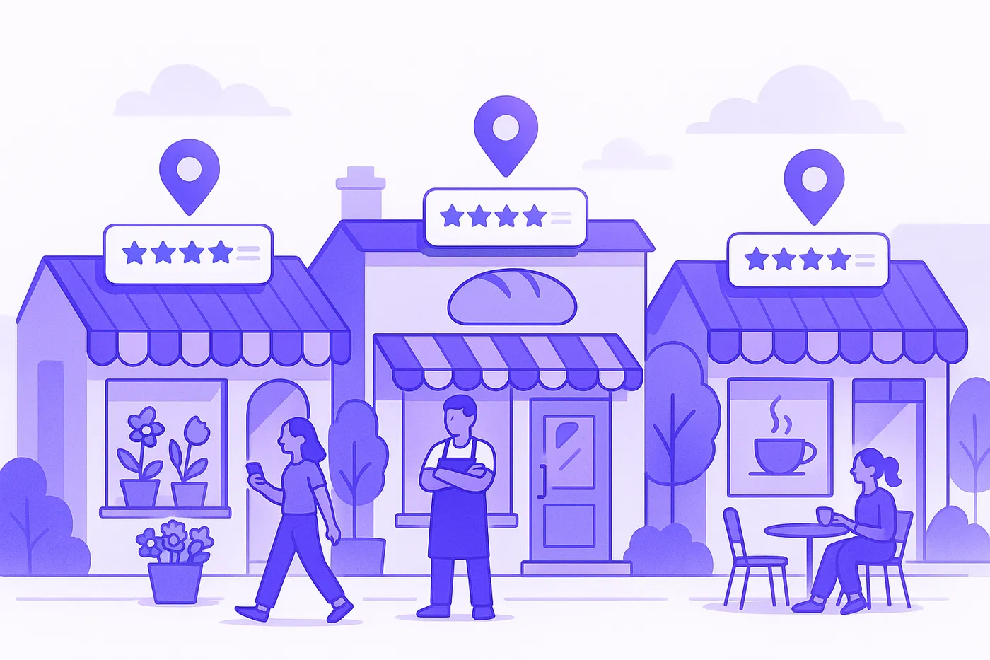 Bustling street with local businesses showcasing Google Business Profiles, illustrating top ranking strategies.
