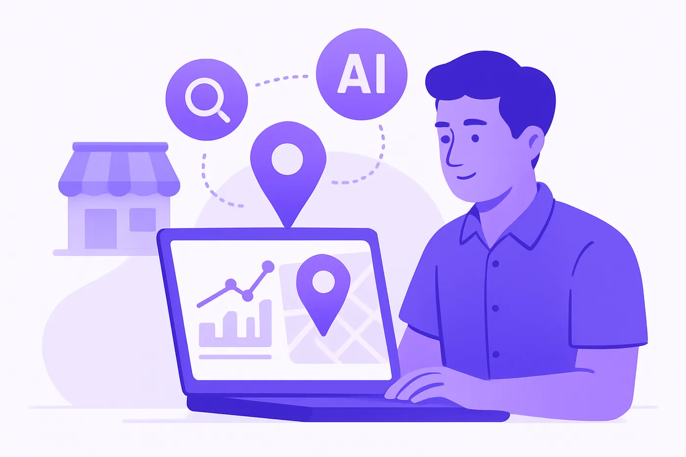 Local business owner analyzing AI search visibility on Google map with AI icons
