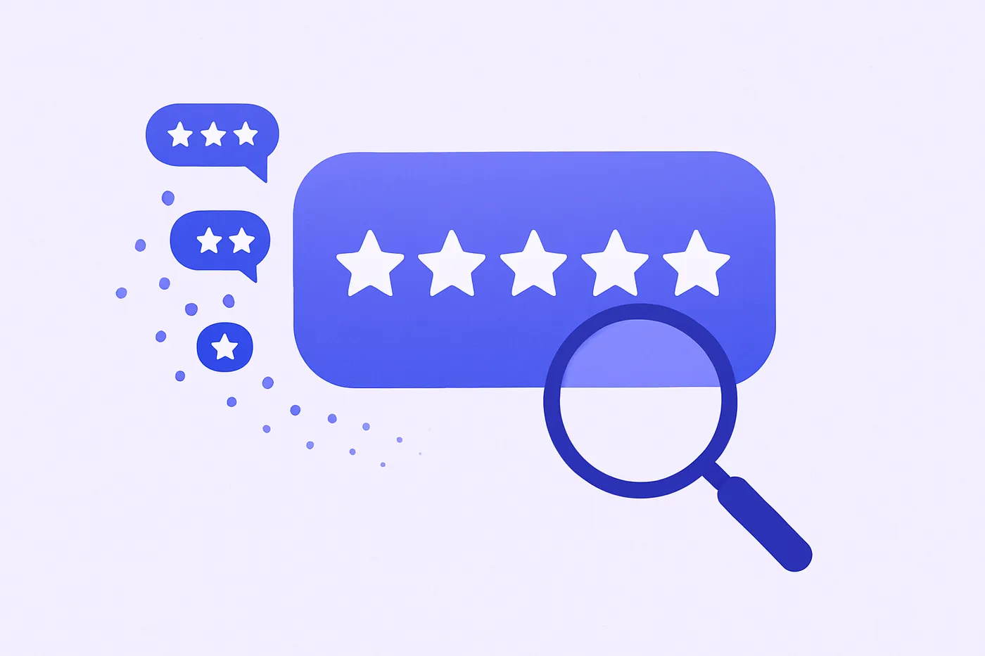 A Google review card being inspected by a magnifying glass while some star reviews fade away