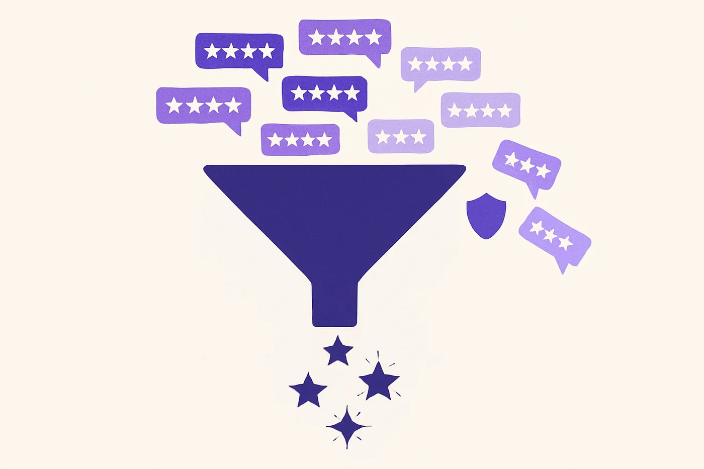 Illustration of a review filter funnel letting genuine star reviews through and bouncing others away