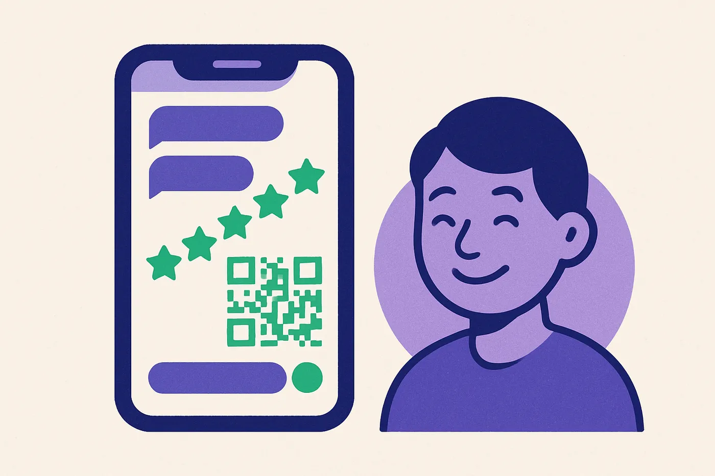 Illustration of a phone showing a WhatsApp review request with a QR code and rising star rating
