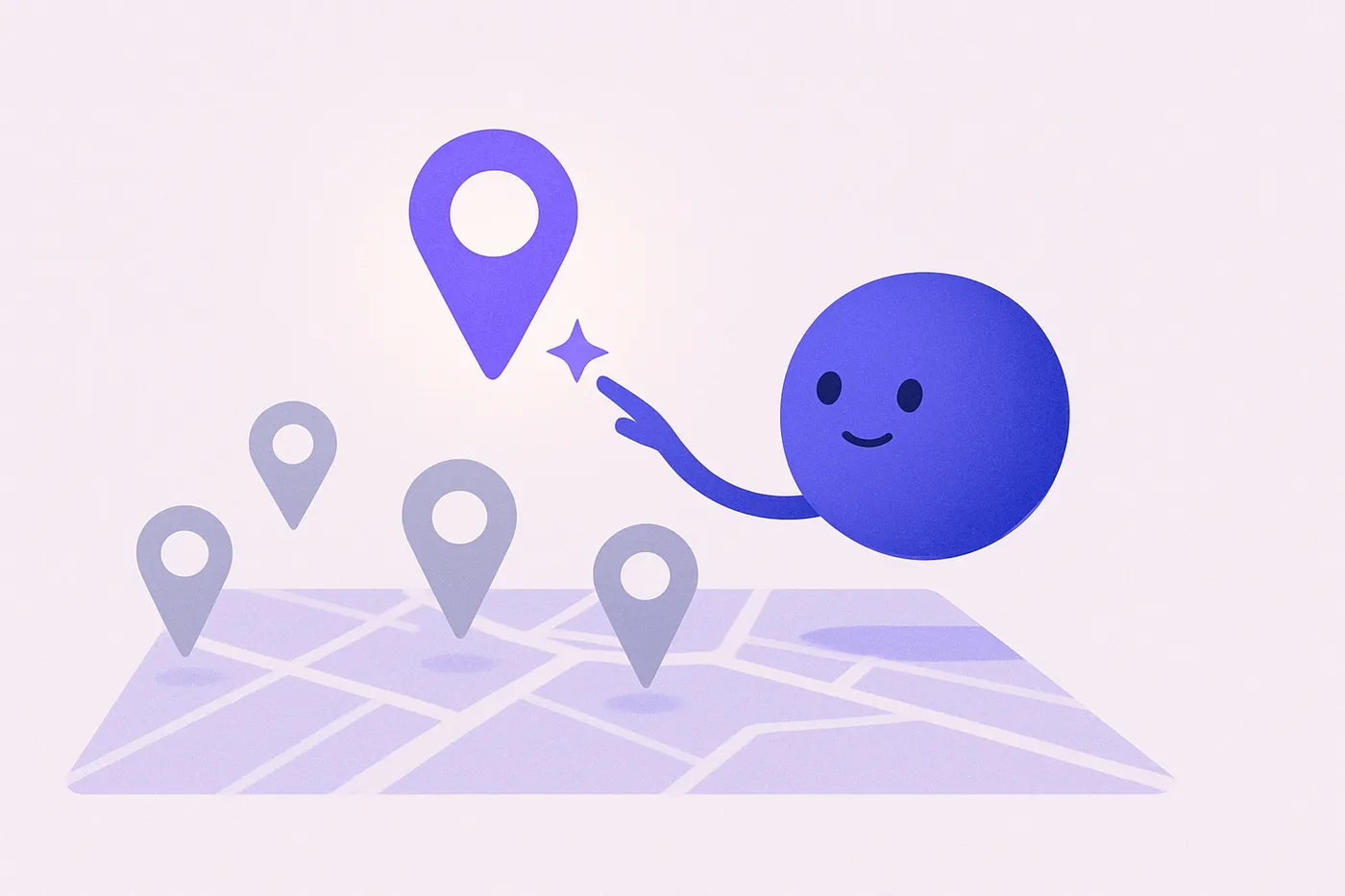 An AI assistant lifting one glowing business location pin above a cluster of dimmer pins