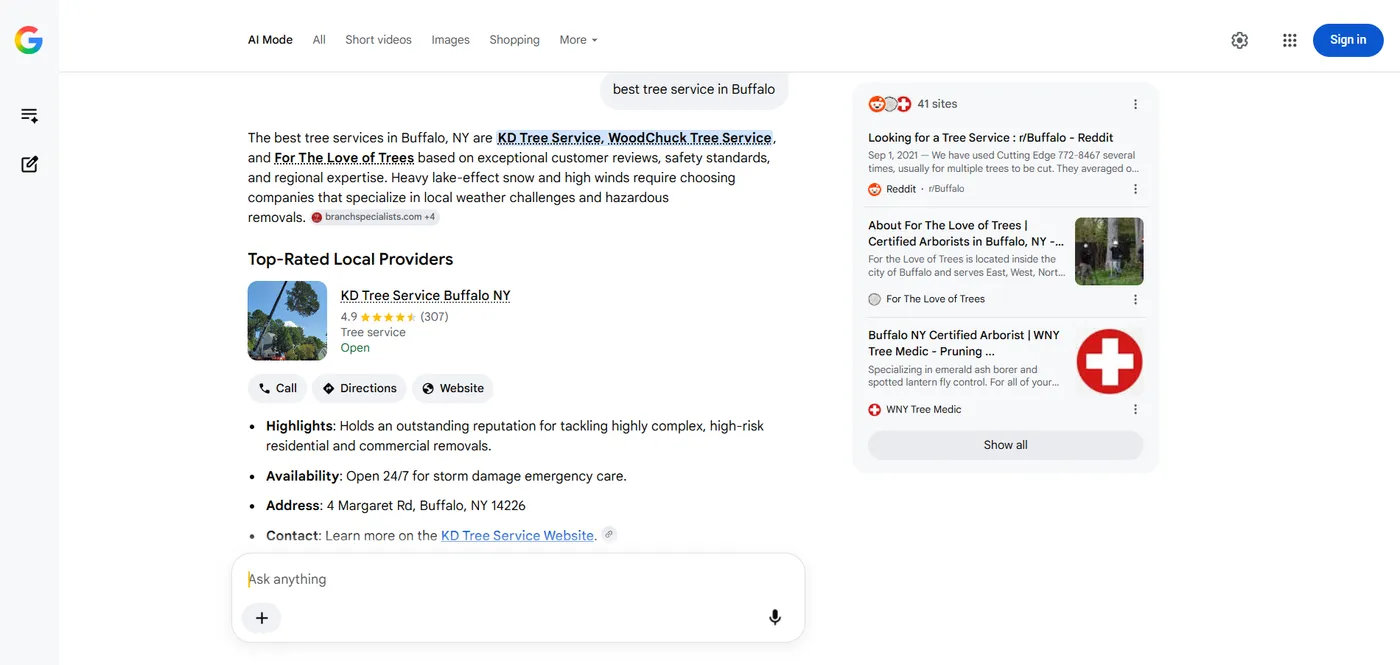 Google AI Mode answering best tree service in Buffalo and naming competitor businesses
