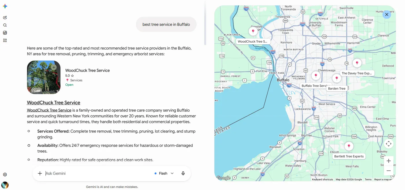 Gemini recommending competitor tree services in Buffalo on a map