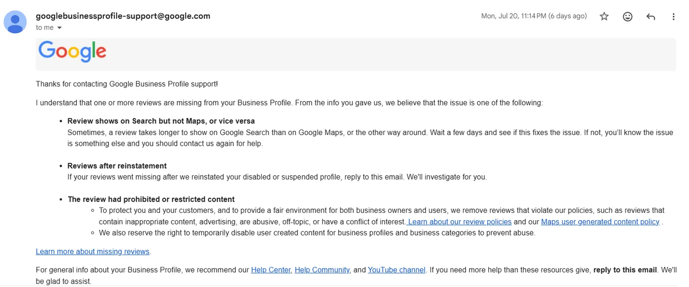 Google Business Profile support email: a template reply about missing reviews