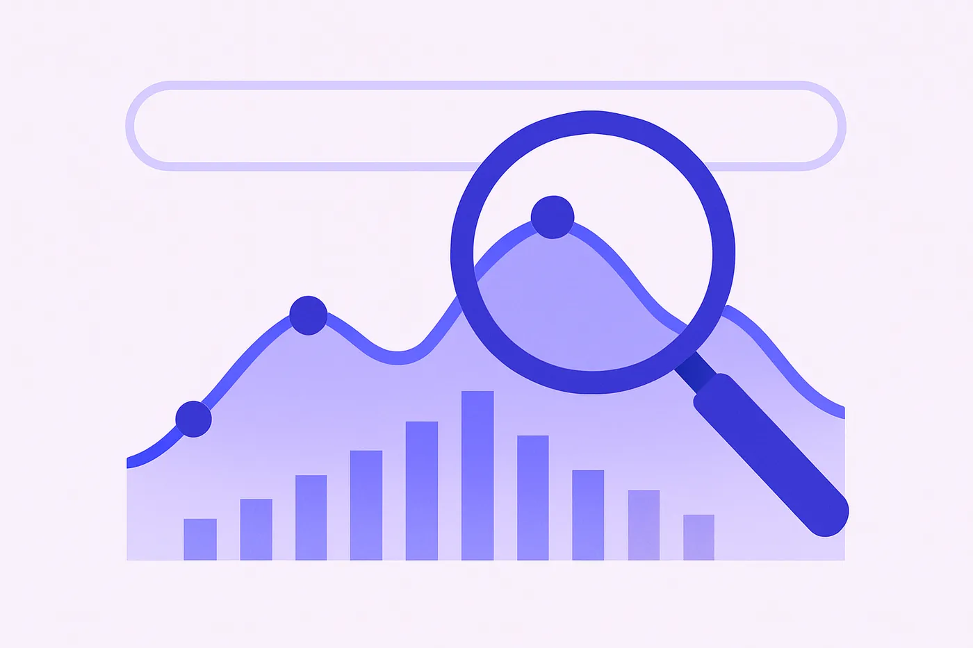 SEO performance line chart rising then dipping under a magnifying glass — Search Console analysis