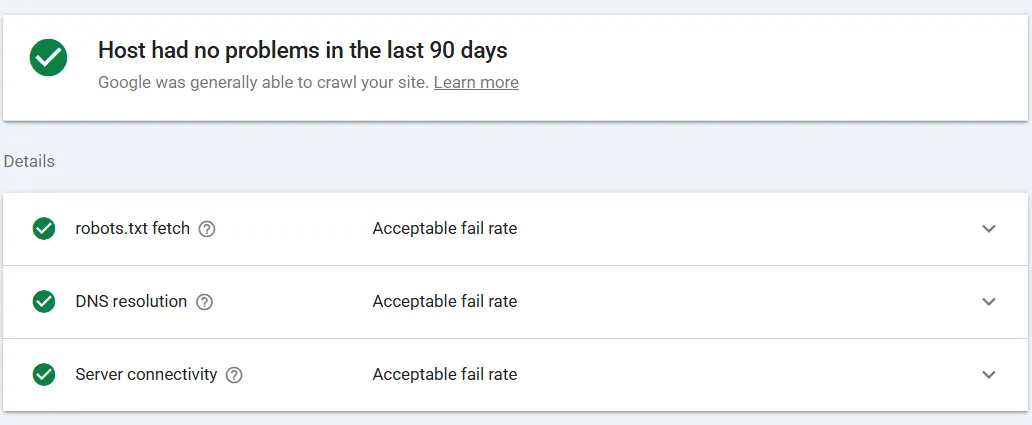Search Console host status: no problems in the last 90 days, robots.txt, DNS resolution and server connectivity all acceptable