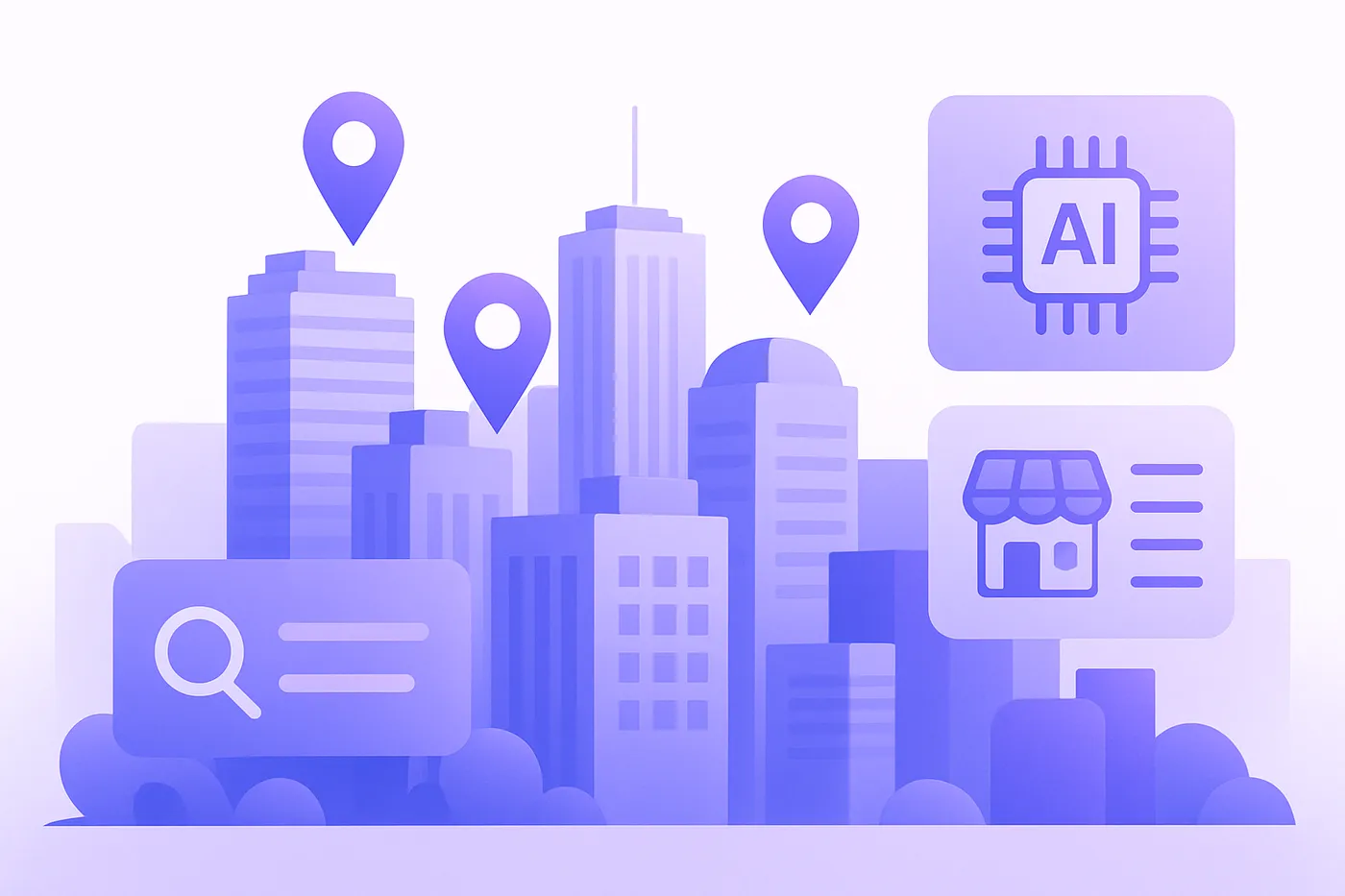 Futuristic cityscape with AI search interfaces showing local businesses.