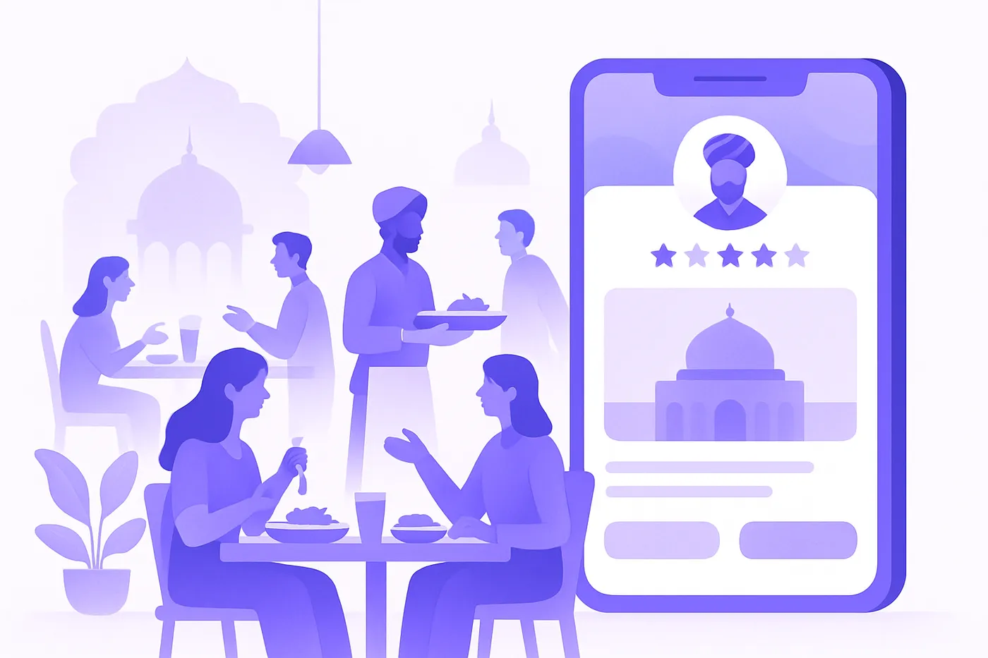 Indian restaurant bustling with diners, Google Business Profile on phone