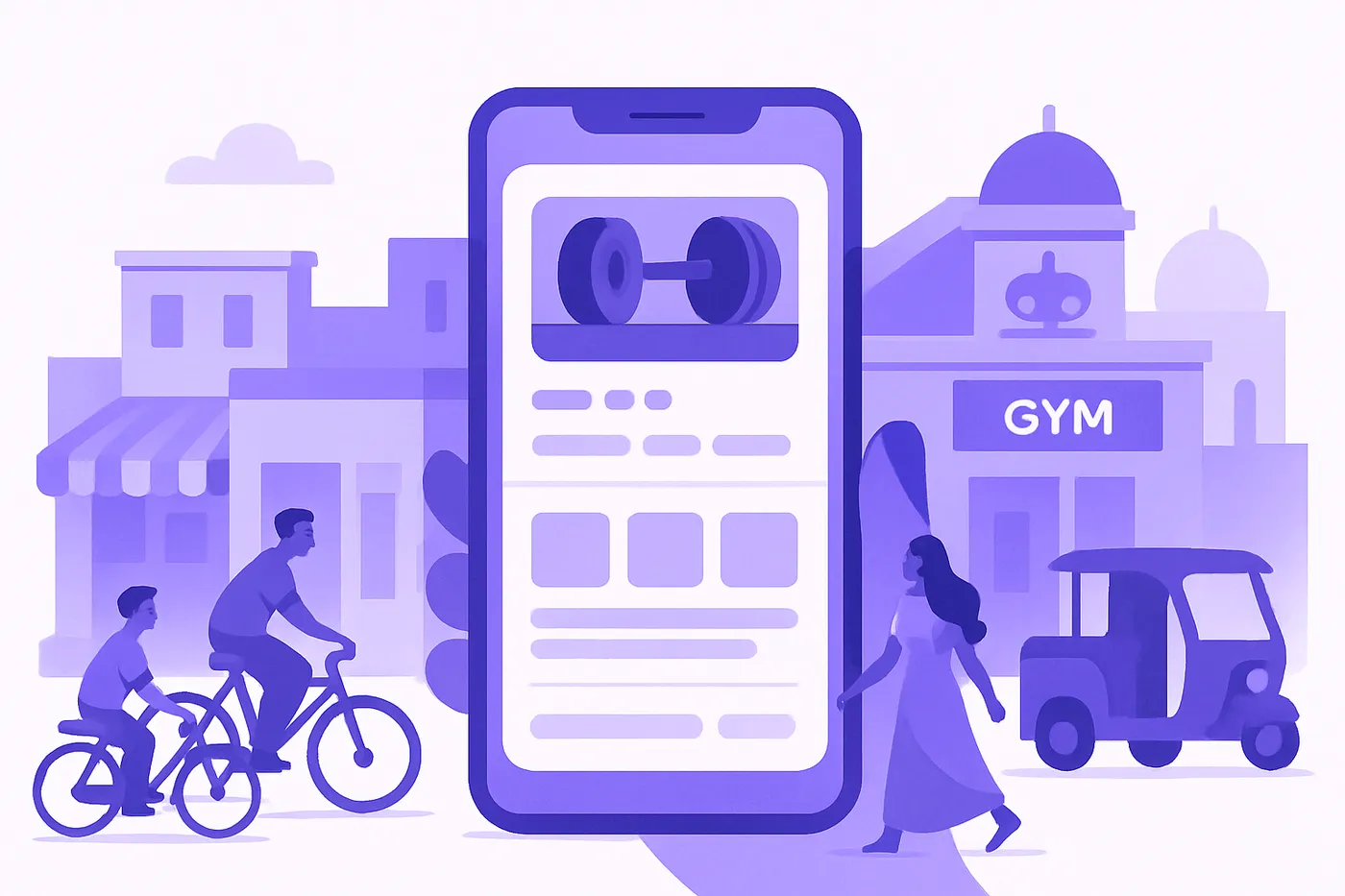 Google Business Profile of a gym in India shown on a smartphone screen in a busy street.