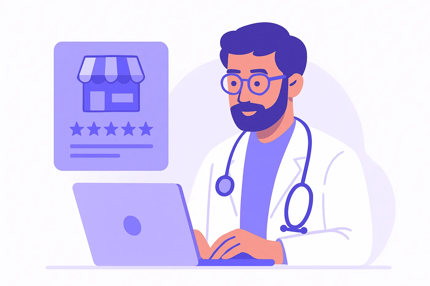 Doctor reviewing clinic Google Business Profile India on a laptop in an office setting.