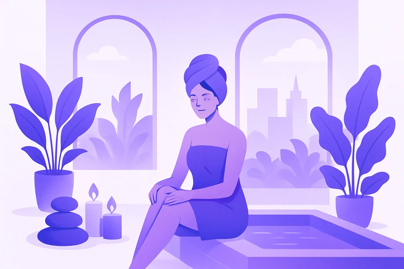 Spa local seo India, tranquil spa with lush plants and cityscape