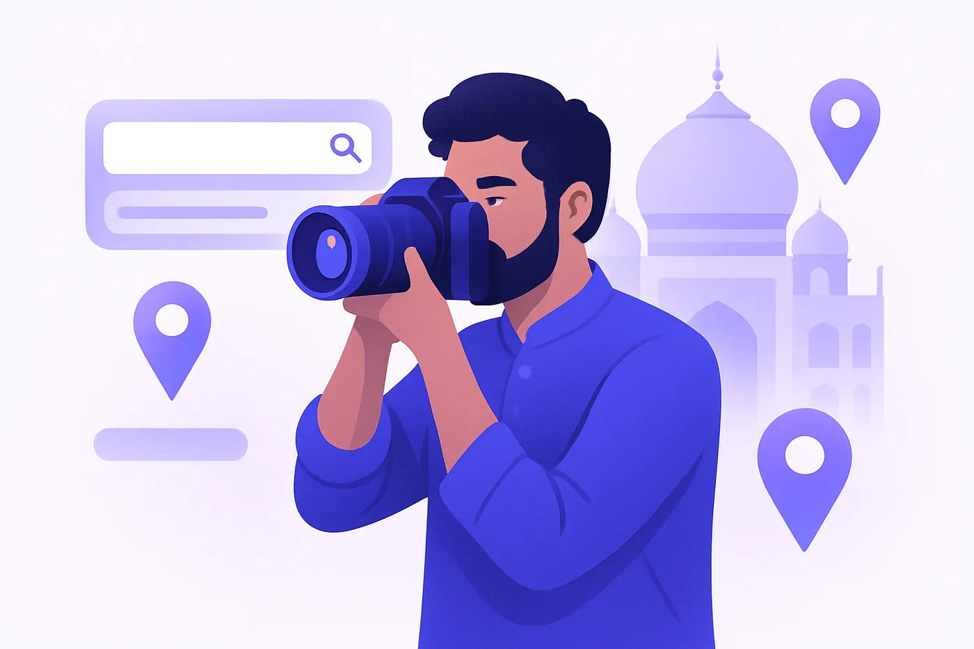 Photographer capturing images with DSLR, surrounded by Google local search elements