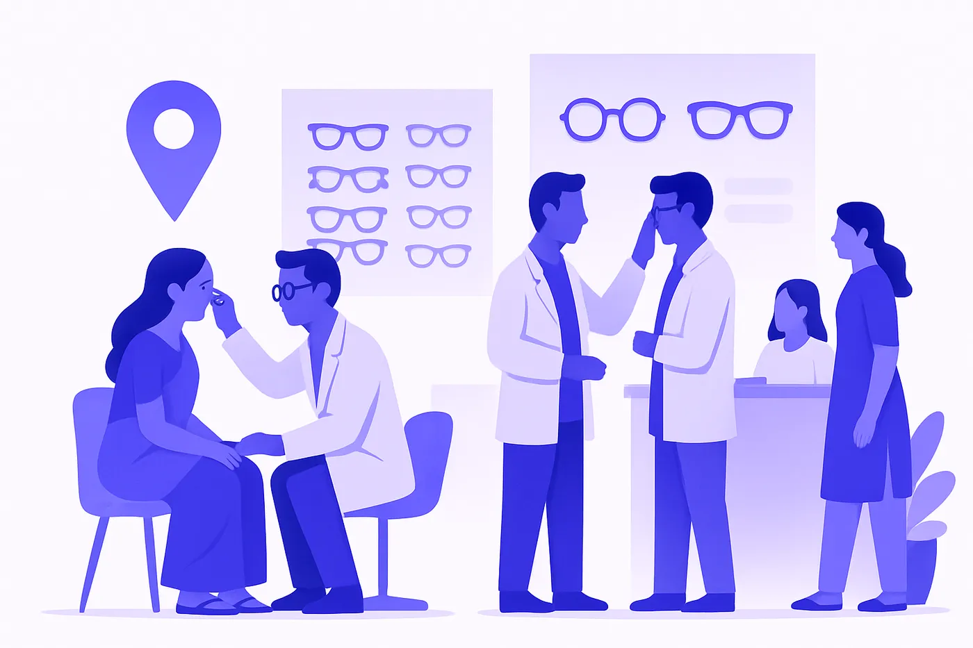 Optician storefront in India showing a Google Maps pin for local SEO.